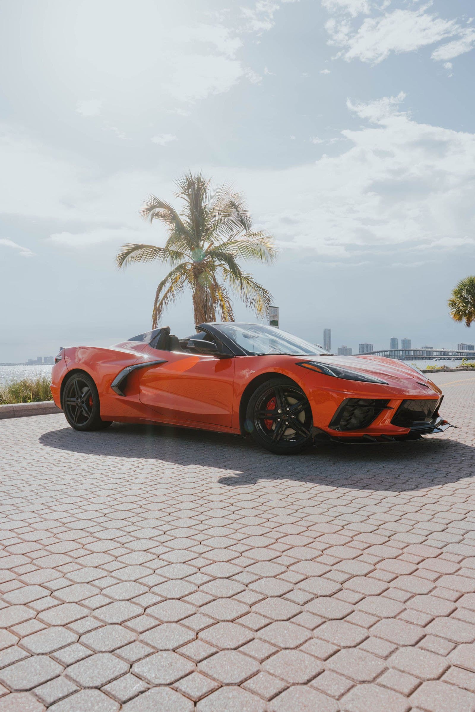 Orange Corvette C8 under a palm tree in Miami